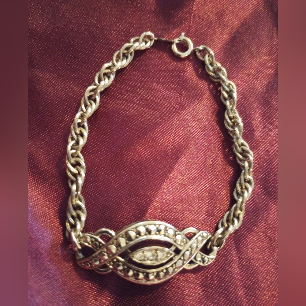 Vintage Avon Marcasite Silver Tone Antiqued Victorian Style Rhinestone Bracelet